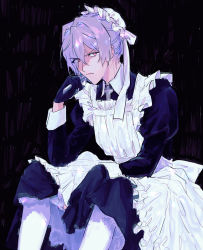 Rule 34 | 1boy, alternate costume, ane am, antonio salieri (fate), antonio salieri (second ascension) (fate), apron, between legs, black background, black gloves, collared dress, cross, crossdressing, dress, enmaided, eyes visible through hair, fate/grand order, fate (series), frilled apron, frilled dress, frills, gloves, grey hair, hair intakes, hand between legs, hat, holding, holding cross, juliet sleeves, long sleeves, maid, male focus, male maid, mob cap, puffy sleeves, red eyes, simple background, sitting, sleeve cuffs, solo