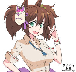 Rule 34 | 1girl, :d, animal ears, artist name, bracelet, breasts, brown hair, cleavage, fang, fox mask, fox shadow puppet, green eyes, hair between eyes, horse ears, horse girl, inari one (umamusume), jewelry, large breasts, looking at viewer, mask, mask on head, open mouth, saikura noushu, simple background, skin fang, smile, solo, twintails, twitter username, umamusume, white background