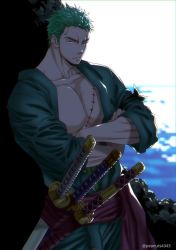 Rule 34 | 1boy, abs, crossed arms, earrings, green hair, japanese clothes, jewelry, katana, kimono, large pectorals, pectoral cleavage, male focus, manly, muscular, one eye closed, one piece, open clothes, open kimono, pectorals, pinattsu, roronoa zoro, scar, scar on face, short hair, solo, sword, toned, toned male, upper body, weapon