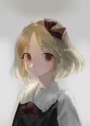 Rule 34 | 1girl, blonde hair, carbonara hontyotyo, crying, crying with eyes open, gradient background, grey background, hair ribbon, red eyes, red ribbon, ribbon, rumia, solo, tears, touhou, upper body, vest, white background