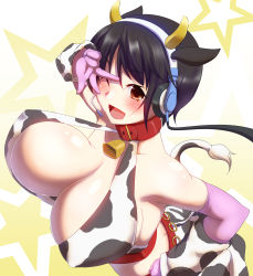 Rule 34 | 10s, 1girl, ;d, animal ears, animal print, bell, neck bell, black hair, blush, bouncing breasts, breasts, brown eyes, collar, cow ears, cow horns, cow print, cow tail, cowbell, gloves, headset, highres, horns, huge breasts, idolmaster, idolmaster cinderella girls, looking at viewer, oikawa shizuku, one eye closed, open mouth, short hair, smile, solo, tail, v over eye, wink, yamaneko ken