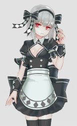 Rule 34 | 1girl, apron, back bow, black bow, black dress, black hairband, black thighhighs, bow, breasts, buttons, cleavage, closed mouth, copyright request, double-breasted, dress, grey background, grey hair, hair bow, hairband, hand up, highres, looking at viewer, luicent, maid, medium hair, red eyes, sanpaku, simple background, slit pupils, small breasts, solo, standing, thighhighs, waist apron, white apron, white background, zettai ryouiki
