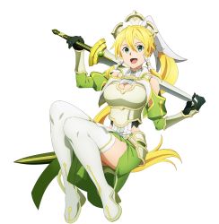 Rule 34 | 1girl, armor, blonde hair, boots, breastplate, breasts, cleavage, closed mouth, faux figurine, floating hair, full body, garter belt, gloves, green gloves, green skirt, grey eyes, hair between eyes, hair tubes, highres, holding, holding sword, holding weapon, leafa, leafa (terraria), long hair, medium breasts, official art, outstretched arm, ponytail, sidelocks, simple background, skirt, solo, standing, sword, sword art online, sword art online: alicization, sword art online: memory defrag, thigh boots, thighhighs, very long hair, weapon, white footwear
