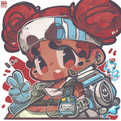 Rule 34 | 1girl, absurdres, animification, apex legends, artist name, backpack, bag, blue gloves, breasts, brown eyes, cleavage, dark-skinned female, dark skin, earpiece, fewer digits, gloves, grey tank top, headband, highres, jrpencil, lifeline (apex legends), looking at viewer, mask, mask around neck, medium breasts, open mouth, red hair, solo, tank top, thick eyebrows, v, white headband