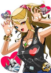 Rule 34 | 1girl, absurdres, blue eyes, breasts, digimon, digivice, heart, highres, horns, long hair, looking at viewer, medium breasts, omegamon, original, smile