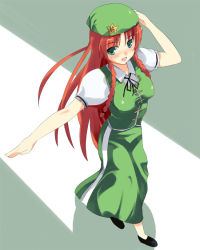 Rule 34 | 1girl, braid, china dress, chinese clothes, dress, female focus, from above, green eyes, hand on headwear, hat, hong meiling, long hair, outstretched arm, red hair, shigen, smile, solo, embodiment of scarlet devil, touhou, twin braids, walking