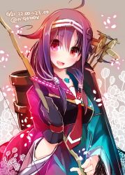 Rule 34 | 10s, 1girl, :d, ahoge, aircraft, airplane, arrow (projectile), black gloves, bow (weapon), cherry blossoms, dated, floral background, gloves, hair ornament, hairband, haori, happy, highres, japanese clothes, jewelry, kantai collection, long hair, looking to the side, low twintails, magatama, muneate, n:go, necklace, necktie, open mouth, partially fingerless gloves, partly fingerless gloves, purple hair, quiver, red eyes, ryuuhou (kancolle), single glove, smile, solo, taigei (kancolle), twintails, twitter username, weapon, whale hair ornament, yugake