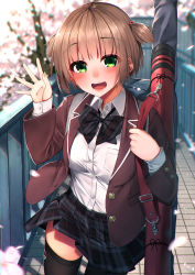 Rule 34 | 1girl, :d, absurdres, bad id, bad pixiv id, bag, black bow, black bowtie, black skirt, black thighhighs, blurry, blush, bow, bowtie, breasts, brown hair, brown jacket, buttons, cherry blossoms, collared shirt, commentary request, cowboy shot, day, depth of field, dress shirt, green eyes, hair bobbles, hair ornament, hand up, highres, holding, huge filesize, jacket, long sleeves, looking at viewer, medium breasts, miniskirt, moe2019, open clothes, open jacket, open mouth, original, outdoors, petals, plaid, plaid skirt, pleated skirt, railing, rerrere, revision, school bag, school uniform, shirt, shirt tucked in, short hair, sidelocks, skirt, smile, solo, standing, sunlight, thighhighs, tree, two side up, white shirt, wing collar, zettai ryouiki