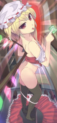 Rule 34 | 1girl, :p, ass, bat wings, black thighhighs, blonde hair, bottomless, clothes pull, condom, daito, female focus, flandre scarlet, from above, full body, hat, highres, indoors, off shoulder, panties, panties around ankles, panty pull, red eyes, skirt, skirt pull, solo, standing, thighhighs, tongue, tongue out, touhou, underwear, undressing, white panties, wings