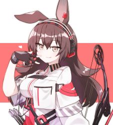 Rule 34 | 1girl, animal ears, april (arknights), arknights, arrow (projectile), bow (weapon), brown hair, closed mouth, commentary, fingerless gloves, gloves, hairband, heart, highres, infection monitor (arknights), licking lips, long hair, pink eyes, rabbit ears, rabbit girl, ryota tentei, tongue, tongue out, weapon