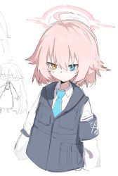 Rule 34 | 1girl, ahoge, armband, blue archive, blue eyes, blue necktie, closed mouth, collared shirt, commentary request, full body, hair between eyes, halo, heterochromia, highres, hoshino (blue archive), hoshino (young) (blue archive), long hair, long sleeves, looking ahead, multiple views, necktie, orange eyes, pink hair, sanma (tabet ), shirt, short hair, simple background, sketch, upper body, very long hair, vest, white background, white shirt