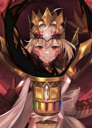 Rule 34 | 1girl, absurdres, blonde hair, body markings, braid, chalice, crown, cup, dragon claw, dragon tail, facial mark, fate/grand order, fate (series), french braid, chalice, hair intakes, highres, holding, holy grail (fate), huge claws, large horns, looking at viewer, nero claudius (fate), nero claudius (fate) (all), queen draco (fate), queen draco (second ascension) (fate), red eyes, robe, scales, shoulder plates, smile, solo, tail, teeth, white gemstone, white robe, yuyuenimo