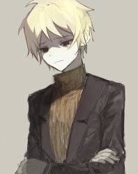 Rule 34 | 1boy, :|, atou haruki, black jacket, blonde hair, brown background, brown sweater, chinese commentary, closed mouth, commentary request, crossed arms, highres, jacket, long sleeves, male focus, open clothes, open jacket, pale skin, red eyes, ribbed sweater, saibou shinkyoku, short hair, simple background, solo, sweater, turtleneck, turtleneck sweater, wei jinying