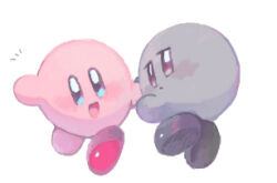 Rule 34 | black footwear, blue eyes, colored skin, commentary request, grey skin, hand up, holding hands, kananishi, kirby, kirby (series), light blush, looking at another, looking to the side, lowres, nintendo, no humans, notice lines, open mouth, parted lips, pink skin, red eyes, red footwear, shadow kirby, shoes, simple background, smile, white background