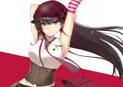 Rule 34 | 1girl, :o, argyle, arm up, armpits, bag, blue eyes, brown hair, hareno chiame, hat, long hair, looking at viewer, midriff, musical note, necktie, open mouth, original, plaid, shoulder bag, skirt, solo, striped