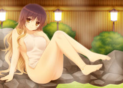 Rule 34 | 1girl, anklet, ass, barefoot, breasts, covering privates, cpu (hexivision), female focus, gradient hair, highres, hijiri byakuren, jewelry, long hair, multicolored hair, naked towel, nude, nude cover, onsen, purple hair, sitting, solo, touhou, towel, two-tone hair, yellow eyes