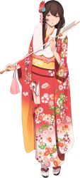 Rule 34 | 1girl, akagi (kancolle), alternate costume, bad id, bad twitter id, brown eyes, brown hair, closed mouth, flower, full body, hair flower, hair ornament, japanese clothes, kantai collection, kimono, long hair, looking at viewer, red kimono, sandals, shibafu (glock23), smile, socks, solo, torn clothes, transparent background, white footwear, wide sleeves