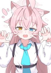 Rule 34 | 1girl, absurdres, ahoge, animal ear fluff, animal ears, blue archive, blue eyes, blue necktie, blush, cat ears, drawn whiskers, hair between eyes, halo, heterochromia, high (hgih), highres, hoshino (blue archive), long hair, looking at viewer, necktie, open mouth, paw pose, pink hair, pink halo, shirt, simple background, solo, sweat, very long hair, white background, white shirt, yellow eyes