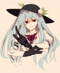 Rule 34 | 1girl, black gloves, blue hair, female focus, food, fruit, gloves, hat, hinanawi tenshi, index finger raised, long hair, peach, red eyes, shiren, shiren (monochrome structure), simple background, smile, solo, touhou, upper body