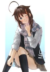 Rule 34 | 1girl, ahoge, artist logo, black hair, black socks, black shirt, blue eyes, braid, brown skirt, commentary request, feet out of frame, hair flaps, hair ornament, hair over shoulder, highres, kantai collection, kneehighs, ld (luna dial398), long hair, looking at viewer, official alternate costume, plaid, plaid scarf, plaid skirt, pleated skirt, scarf, shigure (kancolle), shigure kai ni (kancolle), shirt, skirt, socks, solo