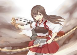 Rule 34 | 10s, 1girl, akagi (kancolle), archery, arka, arrow (projectile), bow (weapon), brown eyes, brown hair, flight deck, gloves, japanese clothes, kantai collection, kyuudou, long hair, muneate, open mouth, partially fingerless gloves, partly fingerless gloves, personification, quiver, radio antenna, single glove, skirt, smile, solo, thighhighs, weapon, white thighhighs, yugake