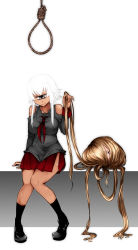 Rule 34 | 2girls, aoshima, arm support, bare shoulders, black legwear, blonde hair, commentary request, creepy, cyclops, grey eyes, hair over one eye, hand up, highres, knees together feet apart, long hair, looking at viewer, multiple girls, necktie, noose, one-eyed, original, red eyes, severed head, shoes, short hair with long locks, side slit, sitting, skirt, smile, socks, very long hair, white background, white hair