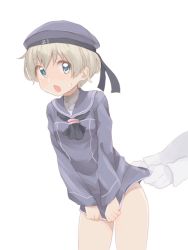 Rule 34 | 1girl, :o, bad id, bad twitter id, black neckerchief, blue eyes, blush, clothes lift, cowboy shot, dress, dress lift, embarrassed, hat, kantai collection, lifting another&#039;s clothes, mizuno uchi, neckerchief, out of frame, sailor collar, sailor dress, sailor hat, short hair, silver hair, simple background, sweatdrop, white background, z1 leberecht maass (kancolle)
