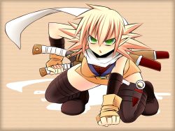Rule 34 | &gt;:o, 1girl, :o, alternate costume, bad id, bad pixiv id, blonde hair, female focus, fingerless gloves, gloves, green eyes, mizuhashi parsee, ninja, pointy ears, scarf, serious, short hair, simple background, solo, sword, thighhighs, touhou, ueda katsuhito, v-shaped eyebrows, weapon, zettai ryouiki