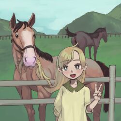 Rule 34 | 1girl, :d, absurdres, bright pupils, cloud, cloudy sky, deent (30390450), eating hair, fence, grey eyes, hair in another&#039;s mouth, hand up, highres, horse, long hair, looking at viewer, mountainous horizon, open mouth, original, outdoors, poop, sky, sleeves rolled up, smile, solo, straight-on, sweater, swept bangs, upper body, v, white pupils, yellow sweater