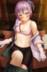 Rule 34 | 10s, 1girl, bike shorts, blush, bra, breasts, chair, clothes pull, collarbone, desk, gloves, hair ornament, highres, kantai collection, kurione (zassou), looking at viewer, off shoulder, on desk, open clothes, open shirt, pink bra, ponytail, purple eyes, purple hair, shiranui (kancolle), shirt, short ponytail, sitting, skirt, skirt pull, small breasts, solo, sports bra, sweatdrop, underwear, white gloves