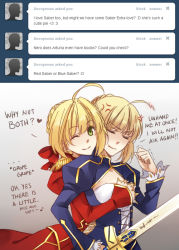 Rule 34 | 10s, 2girls, ahoge, anger vein, angry, artoria pendragon (all), artoria pendragon (fate), blonde hair, braid, grabbing another&#039;s breast, breasts, cleavage cutout, clothing cutout, corset, dress, english text, epaulettes, excalibur (fate/stay night), fate/extra, fate/stay night, fate (series), flat chest, french braid, grabbing, grabbing from behind, green eyes, groping, multiple girls, nero claudius (fate), nero claudius (fate), nero claudius (fate/extra), one eye closed, rynn (seibu), saber (fate), short hair, small breasts, sword, trembling, tumblr, weapon, wink