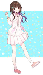 Rule 34 | 1girl, blazer, blush, bracelet, brown eyes, brown hair, commission, earrings, full body, high collar, highres, jacket, jewelry, long hair, long sleeves, looking at viewer, multicolored hair, necklace, open clothes, open jacket, original, pleated skirt, purple hair, shoes, skeb commission, skirt, skirt hold, smile, socks, solo, standing, standing on one leg, tokifuji kougetsu, winged hair ornament
