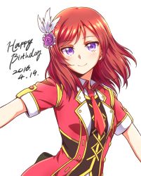Rule 34 | 1girl, 2016, bokura no live kimi to no life, dated, feather hair ornament, feathers, hair ornament, happy birthday, highres, idol, kyuusenbinore (gavion), long hair, looking at viewer, love live!, love live! school idol project, necktie, nishikino maki, purple eyes, red hair, red necktie, short necktie, short sleeves, simple background, smile, solo, standing, upper body, white background, white feathers