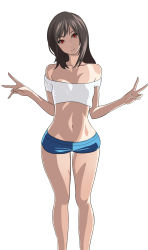 Rule 34 | 1girl, bare shoulders, breasts, brown hair, crop top, double v, highres, legs, long hair, looking at viewer, midriff, navel, original, red eyes, short shorts, shorts, simple background, small breasts, smile, solo, standing, taka (takahirokun), tan, tank top, thigh gap, v, wide hips