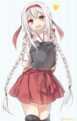 Rule 34 | 10s, 1girl, :d, alternate hairstyle, blush, braid, hairband, heart, japanese clothes, kantai collection, komeshiro kasu, long hair, looking at viewer, muneate, open mouth, orange eyes, pleated skirt, shoukaku (kancolle), silver hair, skirt, smile, solo, striped, striped background, twin braids, twitter username