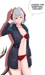 Rule 34 | 1girl, arknights, bra, demon girl, demon horns, demon tail, english text, highres, horns, jacket, open clothes, open jacket, panties, red bra, red panties, selverna, speech bubble, tail, underwear, unusual pupils, w (arknights), white hair, yellow eyes