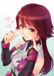 Rule 34 | 1girl, :d, brown hair, commentary request, eyelashes, finger to face, gradient background, green background, hair between eyes, heart, kunoichi (sengoku musou), long hair, looking at viewer, midorijikano, ninja, open mouth, sengoku musou, simple background, smile, solo, upper body, white background