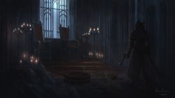Rule 34 | alfred (bloodborne), annalise queen of the vilebloods, artist name, blood, bloodborne, brown capelet, brown coat, brown gloves, candle, candlelight, candlestand, capelet, carpet, chair, coat, commentary, copyright name, corpse, gloves, gun, hat, helmet, highres, holding, holding gun, holding weapon, hunter (bloodborne), indoors, logarius wheel, on person, red carpet, robe, saw, saw cleaver, spoilers, standing, tricorne, tripdancer, weapon, white robe, window