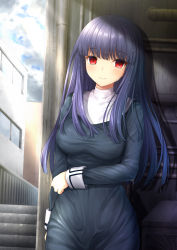 Rule 34 | 1girl, after rain, against wall, air conditioner, arm at side, asagami fujino, black dress, blunt bangs, blush, breasts, building, closed mouth, cloud, cloudy sky, day, dress, highres, hime cut, industrial pipe, kara no kyoukai, long hair, long sleeves, looking at viewer, medium breasts, purple hair, red eyes, reien girl&#039;s academy school uniform, school uniform, sky, smile, solo, stairs, straight hair, sunburst, taiki ken, wet, wet clothes, wet dress, wet hair