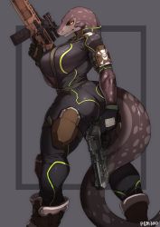 Rule 34 | bodysuit, breasts, buckle, furry, gloves, gun, handgun, highres, holster, huge breasts, muscular, muscular female, pgm300, pistol, reptile, rifle, slit pupils, tail, thick thighs, thighs, weapon