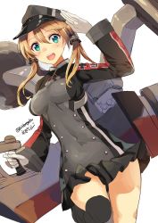 Rule 34 | 10s, 1girl, blonde hair, blue eyes, gloves, hat, highres, kantai collection, long hair, md5 mismatch, mizuta kenji, peaked cap, prinz eugen (kancolle), resized, resolution mismatch, salute, simple background, smile, solo, source larger, turret, twintails, uniform, white background