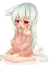 Rule 34 | 1girl, animal ears, bare shoulders, belly rub, blush, cat ears, cat tail, commentary request, long hair, mouth hold, no pants, off shoulder, original, pink sweater, red eyes, silver hair, simple background, sitting, solo, sunapua, sweater, tail, tears, white background