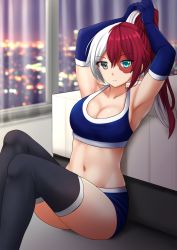 Rule 34 | 10s, 1girl, aqua eyes, armpits, arms up, bare shoulders, black thighhighs, blue bra, blue eyes, blue gloves, blue panties, blurry, blurry background, boku no hero academia, bra, breasts, burn scar, city, city lights, cleavage, closed mouth, collarbone, commentary, depth of field, elbow gloves, english commentary, facial mark, facing viewer, genderswap, genderswap (mtf), gloves, hair between eyes, heterochromia, high ponytail, highres, holding, holding hair, indoors, kazenokaze, long hair, looking at viewer, medium breasts, multicolored clothes, multicolored hair, navel, night, panties, ponytail, red hair, room, scar, scar across eye, scar on face, sitting, solo, sports bra, thighhighs, todoroki shouto, two-tone hair, underwear, underwear only, white hair, window