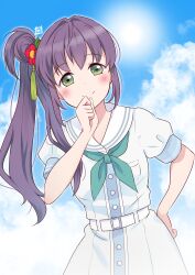 Rule 34 | 1girl, absurdres, belt, blue sky, blush, closed mouth, cloud, commentary request, dress, green eyes, green neckerchief, hand on own hip, hasu no sora school uniform, highres, leaning to the side, link! like! love live!, long hair, looking at viewer, love live!, neckerchief, otomune kozue, purple hair, sailor collar, school uniform, short sleeves, side ponytail, sidelocks, signature, sky, smile, solo, summer uniform, sun, upper body, white belt, white dress, white sailor collar, zero-theme