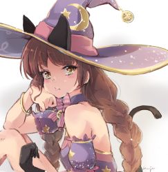 Rule 34 | 1girl, animal ears, bell, black gloves, blush, bow, bracelet, braid, brown eyes, brown hair, cat ears, cat tail, detached sleeves, envy (otoca d&#039;or), gloves, hand up, hat, jewelry, jingle bell, knees up, leoharju, long hair, looking at viewer, otoca d&#039;or, pink bow, pout, short sleeves, simple background, sitting, solo, striped, striped bow, tail, twin braids, very long hair, witch, witch hat