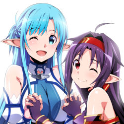 Rule 34 | 2girls, absurdres, ahoge, armor, asuna (sao), bare shoulders, blue eyes, blue hair, braid, breasts, detached sleeves, fingerless gloves, fingernails, from behind, gloves, highres, holding hands, huge filesize, island (kossori), large breasts, long hair, looking at viewer, multiple girls, one eye closed, open mouth, pointy ears, purple armor, purple hair, red eyes, simple background, single braid, smile, sword art online, white background, yuuki (sao)