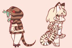 Rule 34 | 10s, 2girls, animal ears, animal print, animated, animated gif, aqua eyes, blonde hair, blush, bow, bowtie, cat ears, cat tail, chibi, commentary request, dress, elbow gloves, full body, fur collar, gloves, half-closed eyes, hands in pockets, heart, heart tail duo, hood, hoodie, huge filesize, kemono friends, looking at another, multiple girls, ribbon, sand cat (kemono friends), slippers, smile, snake tail, tail, tanaka kusao, tsuchinoko (kemono friends), ugoira, yuri