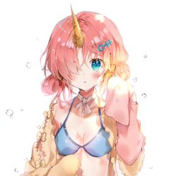 Rule 34 | 1girl, :o, b rock, bad id, bad pixiv id, bikini, blue bikini, blue eyes, blush, breasts, cleavage, fate/grand order, fate (series), frankenstein&#039;s monster (fate), frankenstein&#039;s monster (swimsuit saber) (fate), frankenstein&#039;s monster (swimsuit saber) (first ascension) (fate), hair ornament, hair over one eye, hands in opposite sleeves, horns, looking at viewer, neck ribbon, parted lips, pink hair, ribbon, short twintails, simple background, single horn, small breasts, solo, swimsuit, tareme, twintails, upper body, water drop, white background, white ribbon