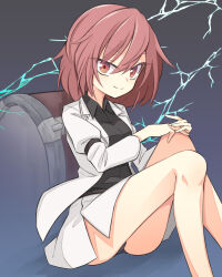 Rule 34 | 1girl, black background, black shirt, closed mouth, collared shirt, commentary, drum, feet out of frame, gradient background, hekkmushi, horikawa raiko, instrument, jacket, knees up, lightning, long sleeves, looking at viewer, red eyes, red hair, shirt, sitting, skirt, smile, solo, touhou, white jacket, white skirt