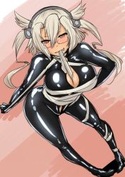 Rule 34 | 10s, 1girl, ayuayu (shouyu no sato), bandages, black bodysuit, bodysuit, breasts, brown eyes, budget sarashi, cleavage, dark-skinned female, dark skin, dutch angle, glasses, grey hair, hair between eyes, high heels, kantai collection, latex, latex suit, leaning forward, looking to the side, mouth hold, musashi (kancolle), sarashi, simple background, skin tight, smile, solo, two side up